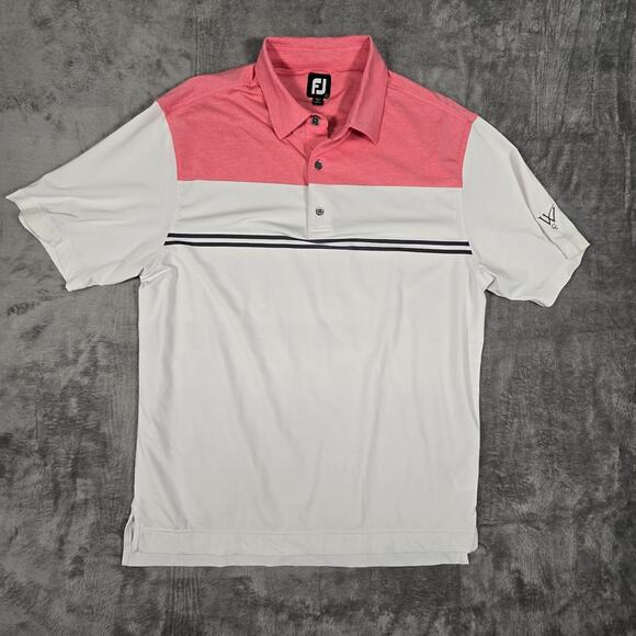 FootJoy Polo Shirt Mens Large White Pink Striped Golf Performance Casual FJ - Picture 1 of 8